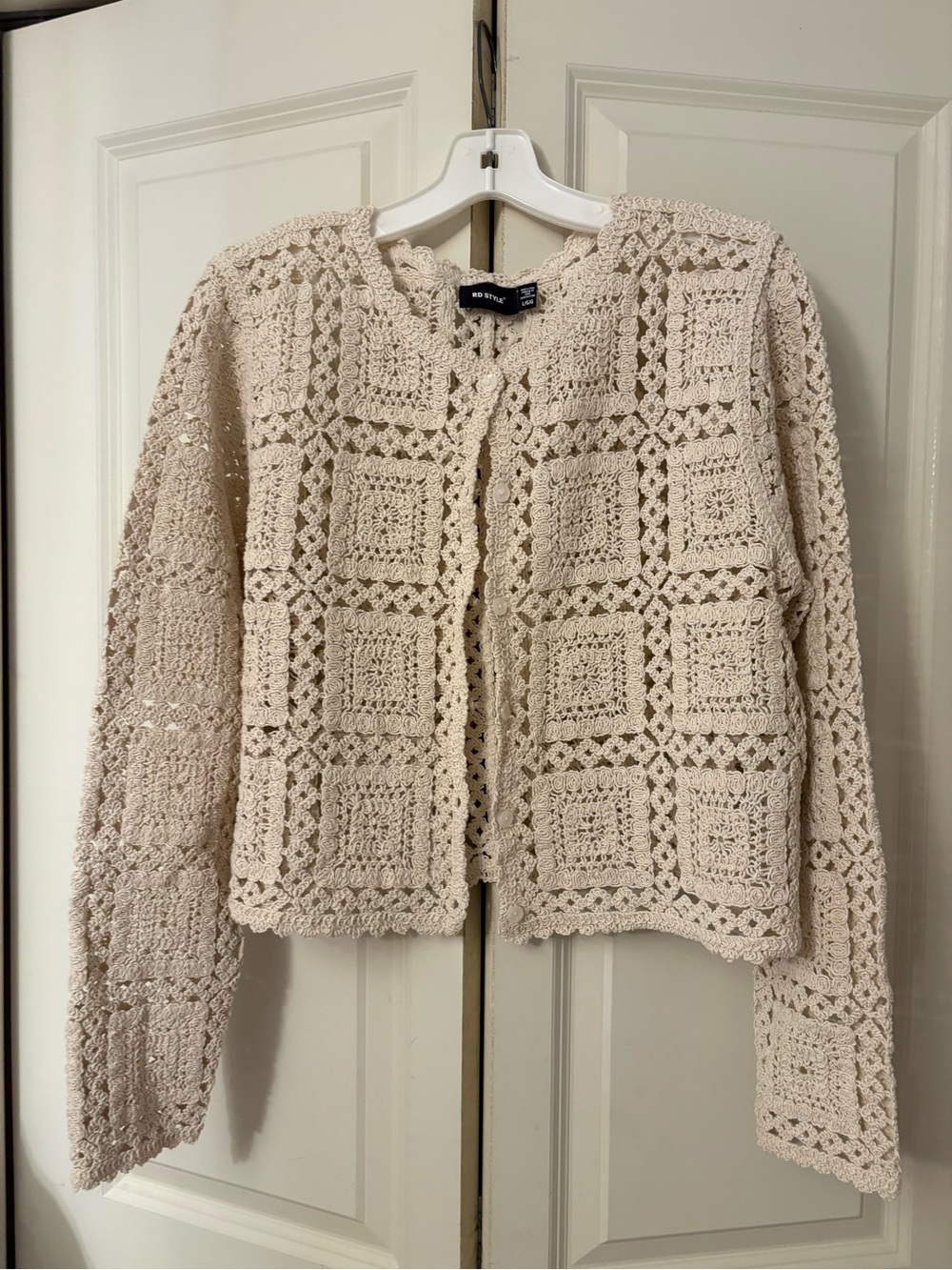 RD Style Cream Crochet Openwork Cardigan Sweater